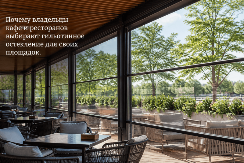 Почему владельцы кафе и ресторанов выбирают гильотинное остекление для своих площадок