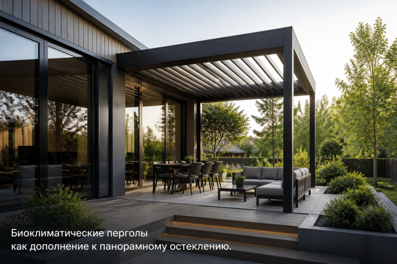 Биоклиматические перголы как дополнение к панорамному остеклению