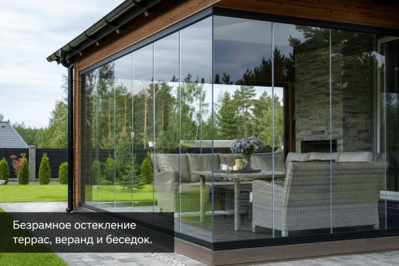 Безрамное остекление террас, веранд и беседок